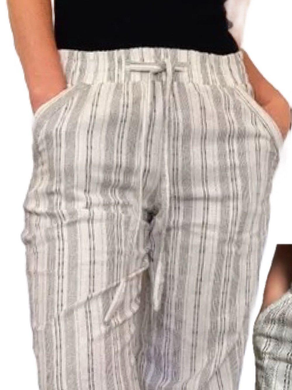 Sienna Sky Linen Blend High Rise Wide Leg Ivory Black Stripe Drawstring Pants  S